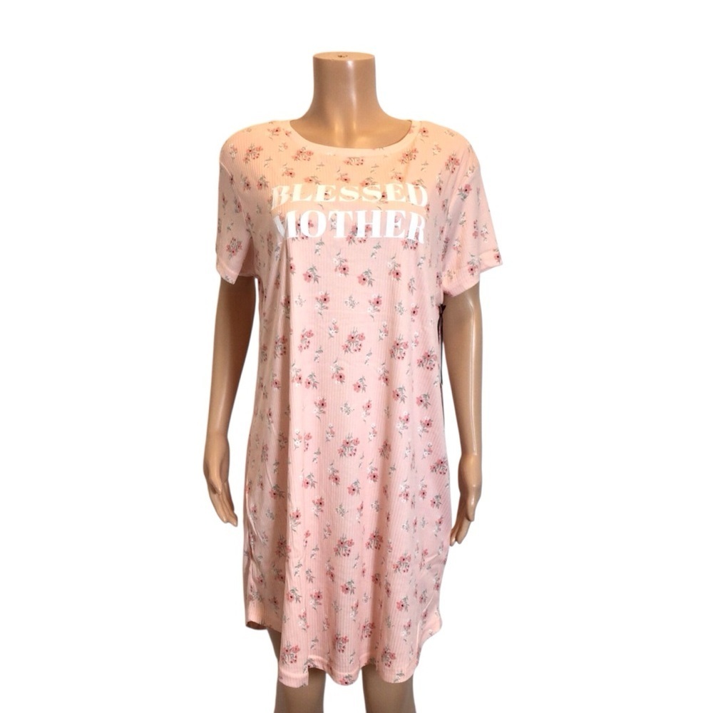 Elizabeth & Nicole Sleepwear Nightgown 1X 2X Ribbed Pink Floral “Blessed Mother” - Picture 2 of 7